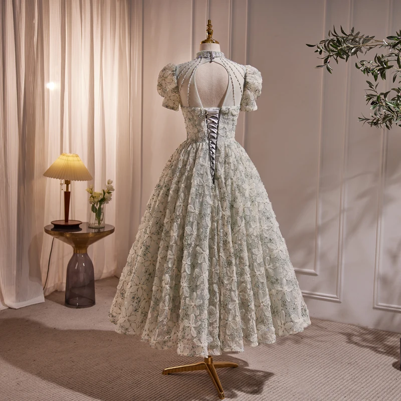 AnXin SH princess light green Lace flower high neck beading crystal short sleeve customized evening dress little white dress