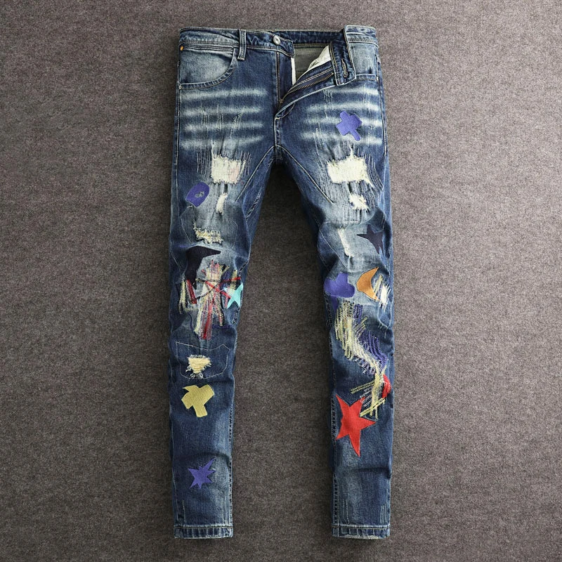 

Street Fashion Men Jeans Retro Blue Stretch Slim Fit Patched Ripped Jeans Men Embroidery Designer Hip Hop Vintage Denim Pants