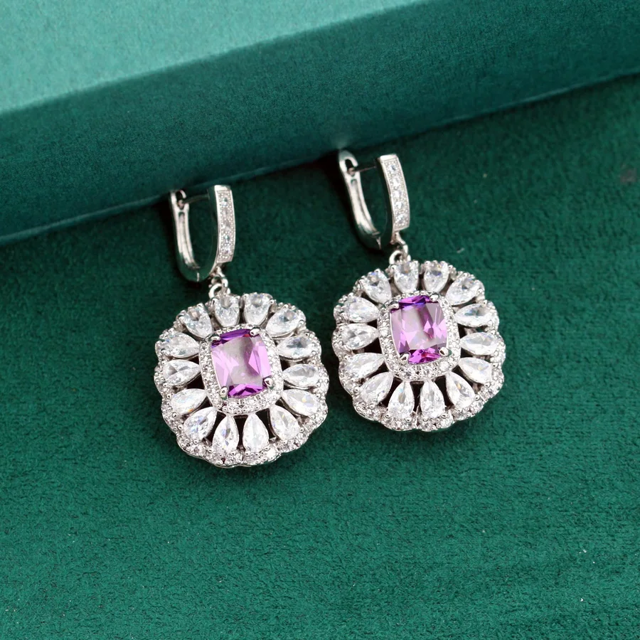 Dubai Wedding/Party Women Trendy 925 Silver Jewelry Sets Dangle/Earrings/Bracelet And Ring Purple Zircon Valentine Day Gift