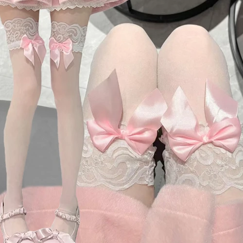 Medias altas hasta el muslo para chicas Lolita, calcetines hasta la rodilla bonitos con lazo Kawaii para mujer, calcetines largos de nailon con encaje de estilo japonés JK
