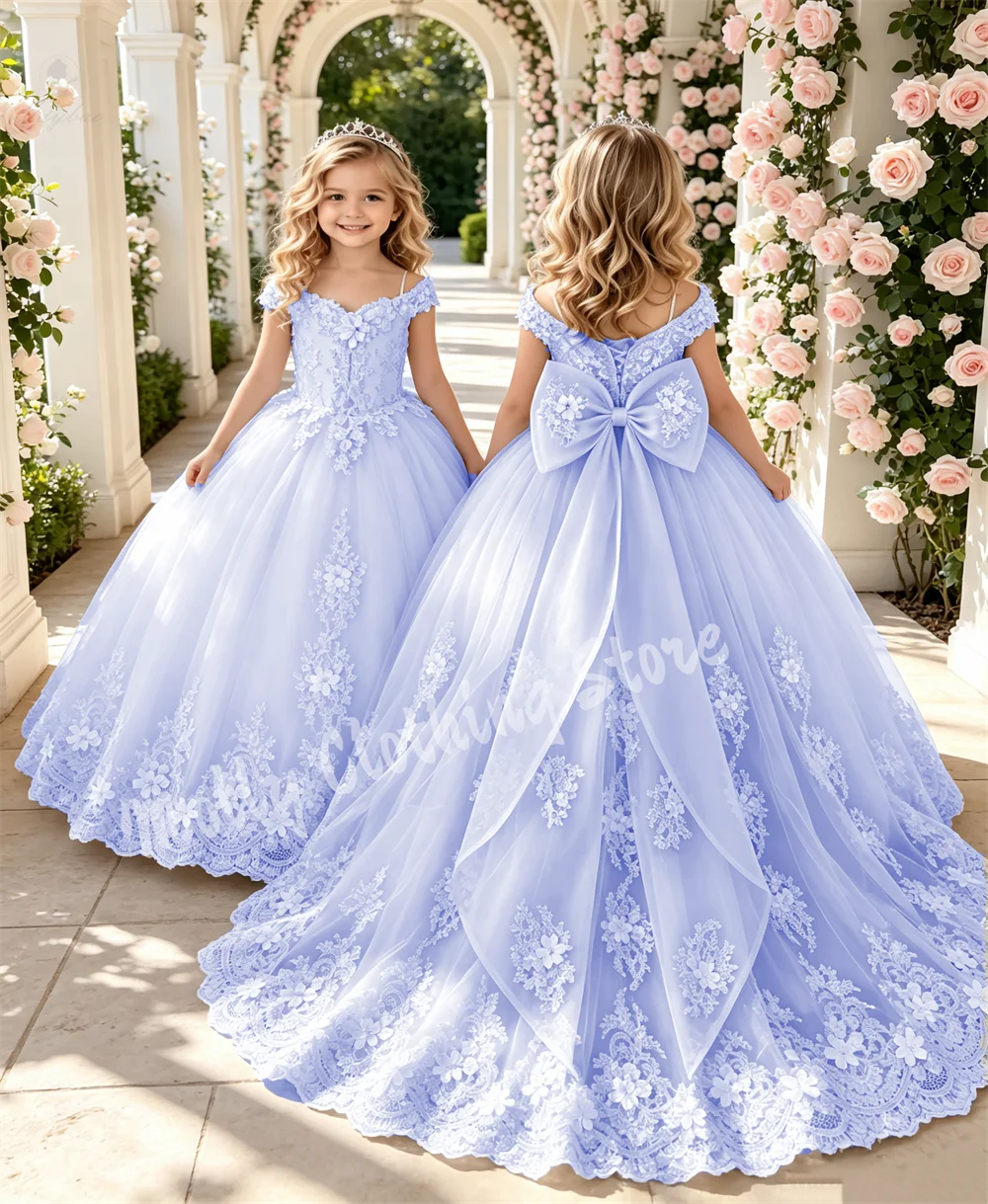 Elegant Flower Girl Dress Pink Lace Tulle Ball with Oversized Bow Children's First Communion Ball Party Dress