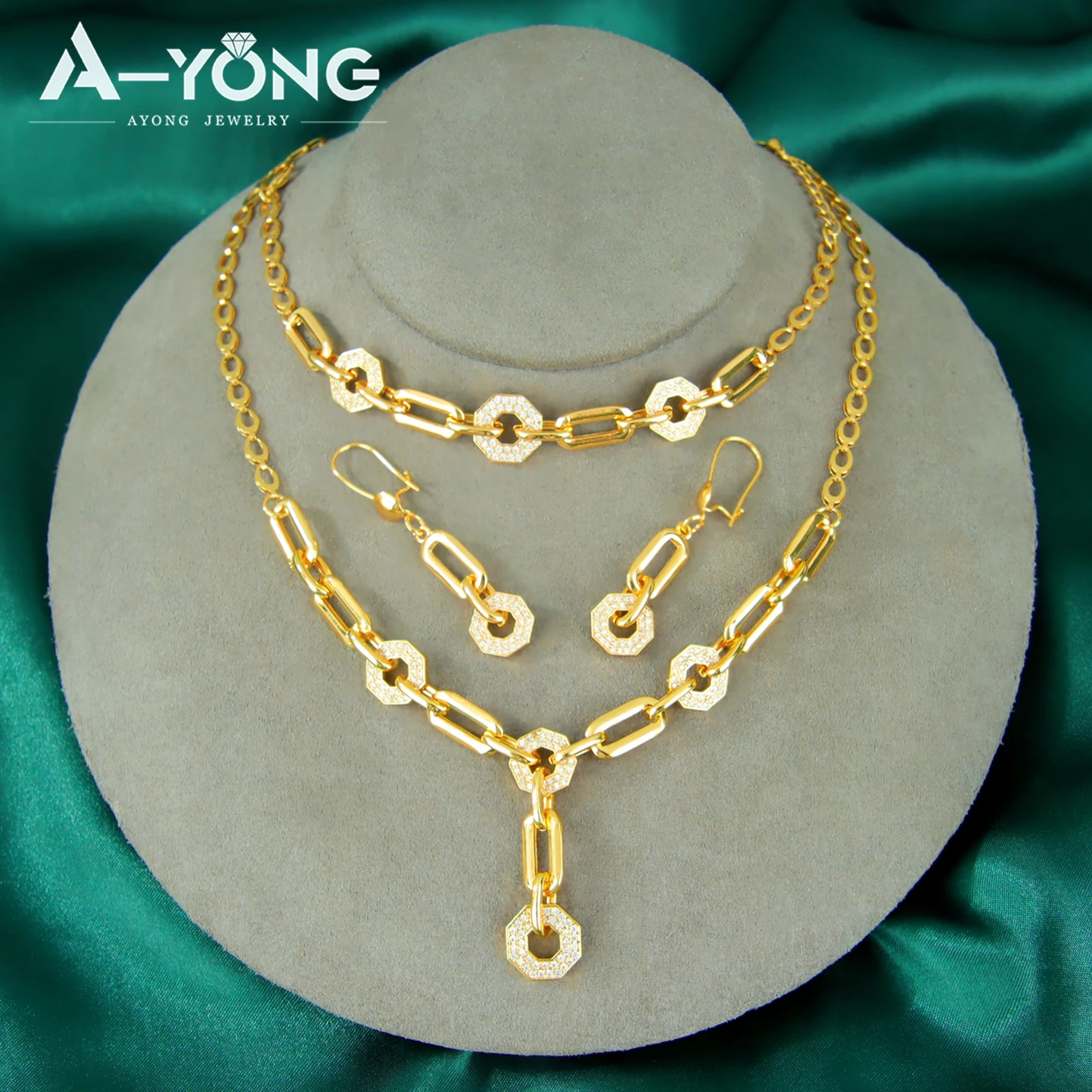 Dubai Modeschmuck-Set, 21 Karat vergoldet, italienischer Zirkonia, Halskette, Armband, Ohrringe, arabische Damen, Vintage, täglicher Party-Schmuck – Detail 3