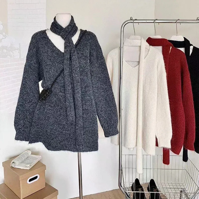

Women Solid Sweaters Knitted Pullovers Jumpers Neckwarmer V Neck Long Sleeve Loose Office Lady Elegant Casual 2025 Autumn Winter