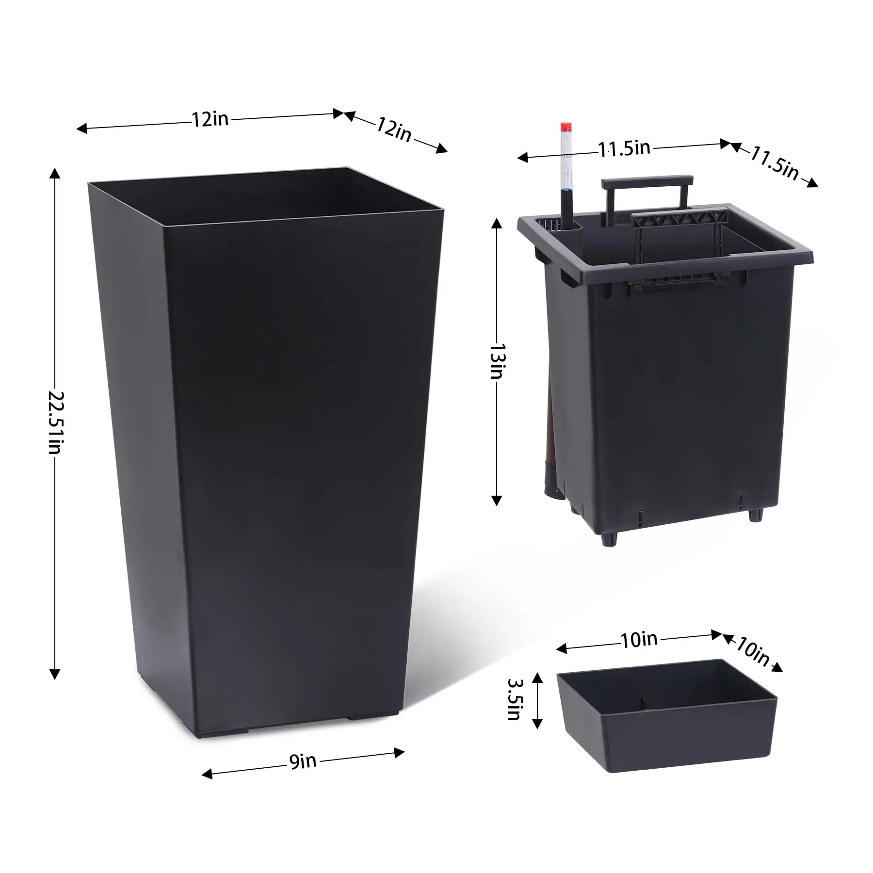 2‑Pack 22.4 Inch Square Large Resin Planters for Outdoor Use, Tall Flower Pots with Drainage Holes & Self‑Watering System, Ideal for Front Porch, Deck Outdoor Plants