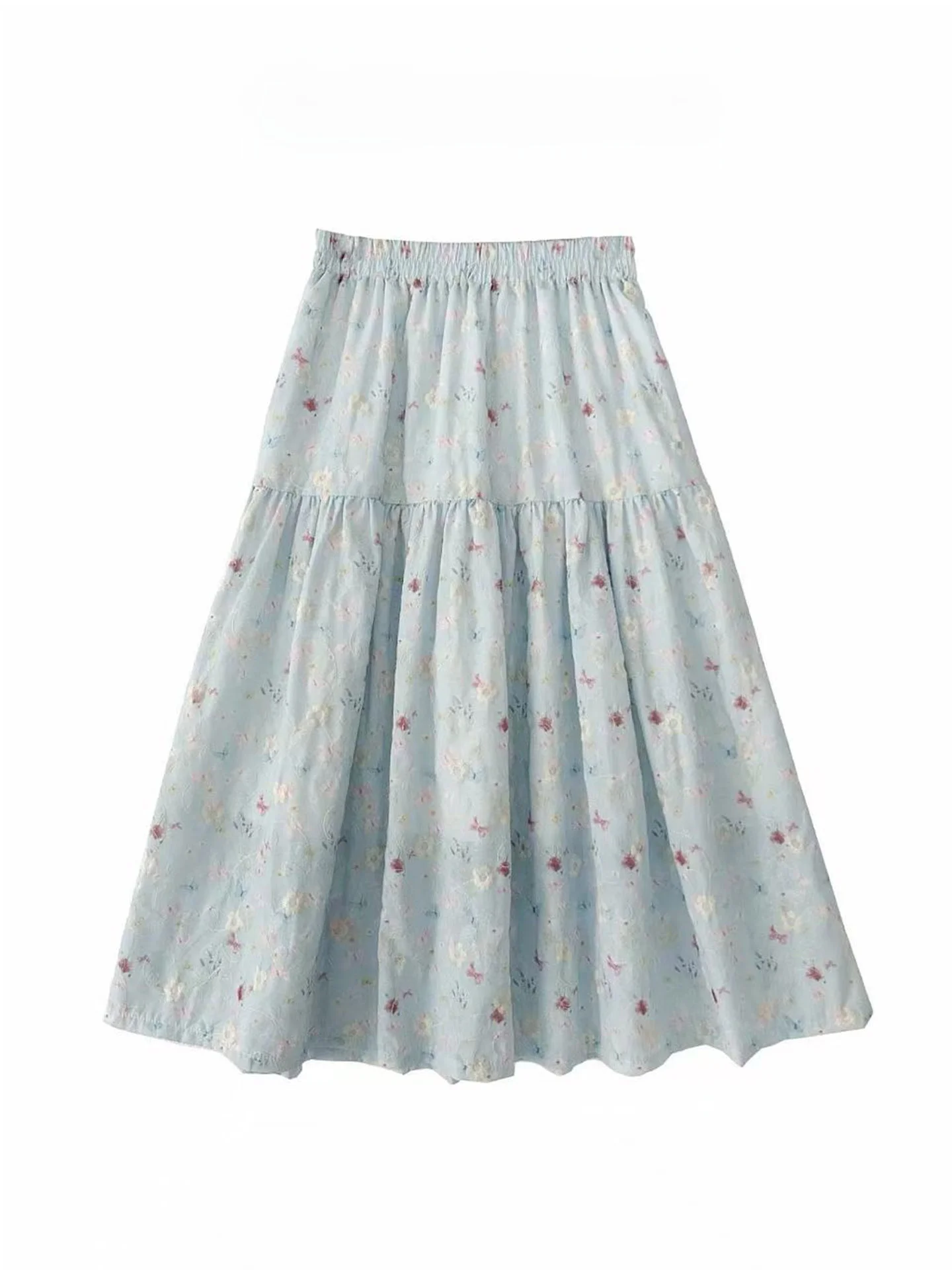 

Женская летняя синяя юбка-полусолнце А-силуэта с талантливой цветочной вышивкой, широким подолом, средней длины, в стиле ретро