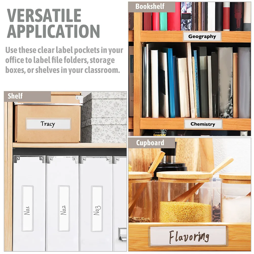 

32Pcs Clear Adhesive Label Holders Transparent Plastic Pockets Self-Adhesive for Shelf Bin Drawer Label Organizer Storage Use
