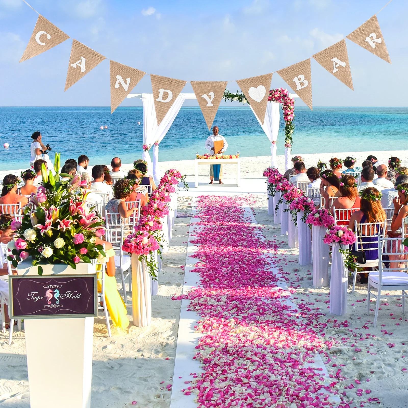 

Heart Triangle Flag Burlap Banner White Brown Candy Bar Wedding Party Decoration Bunting Hessian Wedding Banner