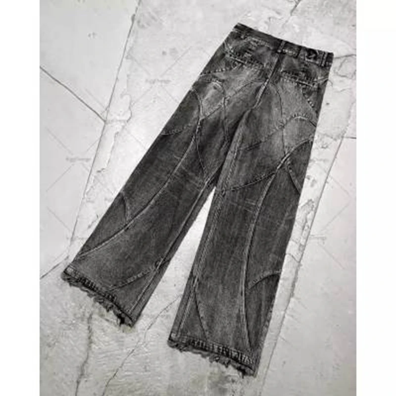 Heavy Washed Splicing Pocket Loose Jeans Men Y2K American Fashion Streetwear Retro Rock Roll Popular High-waisted Trousers