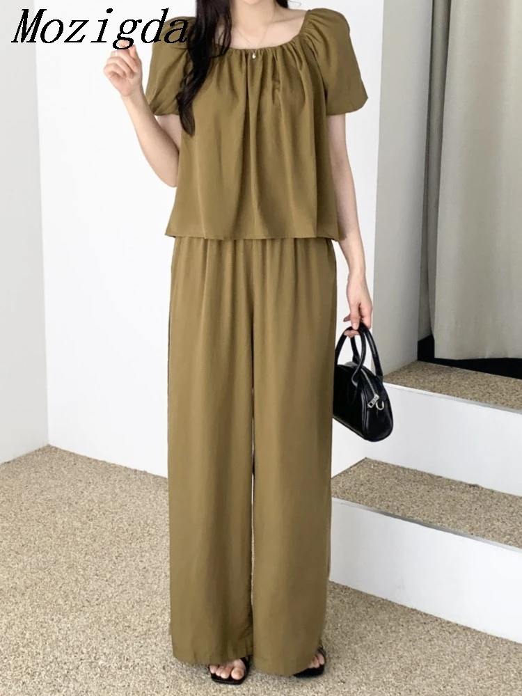 

Summer Two 2 Piece Set Chic Pleated Shirt Women Ladies Tops Fashion Waisted Wide-leg Pants Korean Woman Suit