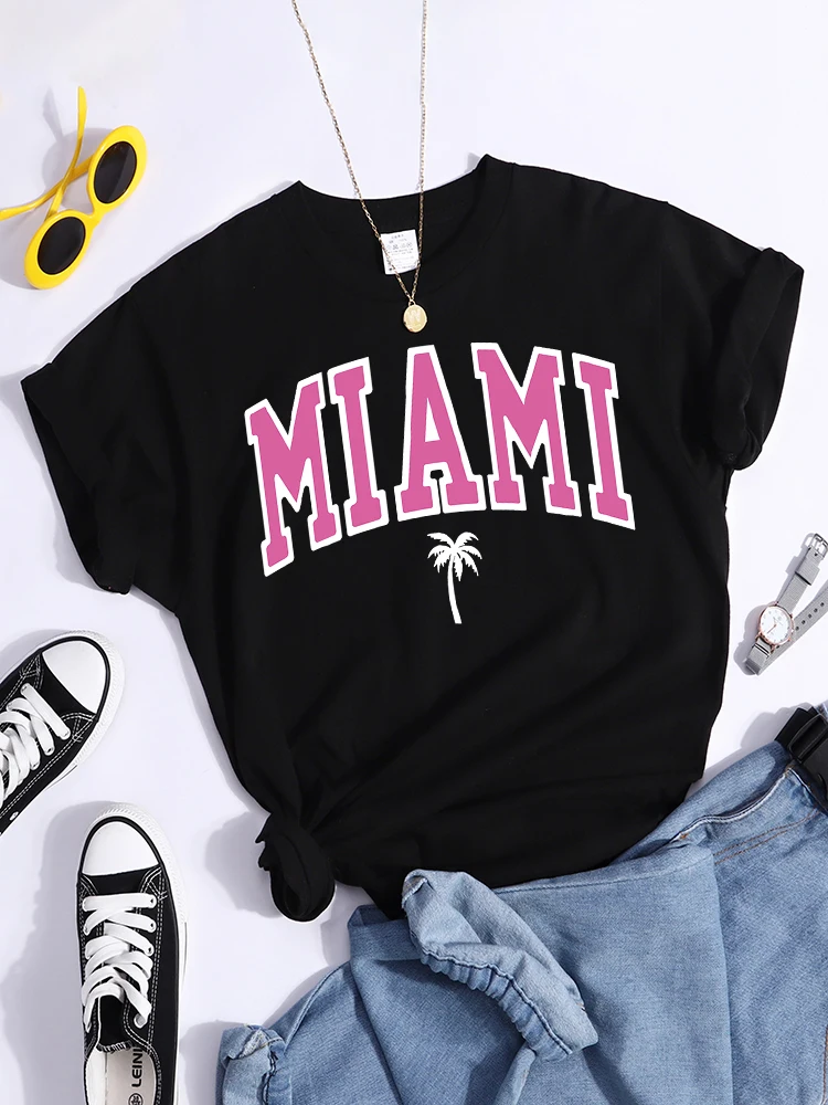 Miami Beach Print Tshirt All-Match Creativity Tshirts Fashion Individual Softt-Shirt Round Neck Comfortable Women Tee Top