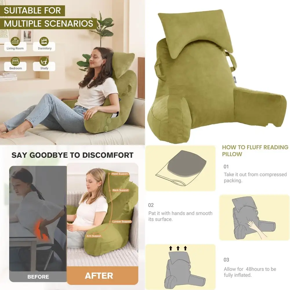 

Портативная подушка для чтения с подголовником, Pale Green Oeko-Tex, бархатная спинка, подлокотниками и карманами для взрослых, эргономичная меня