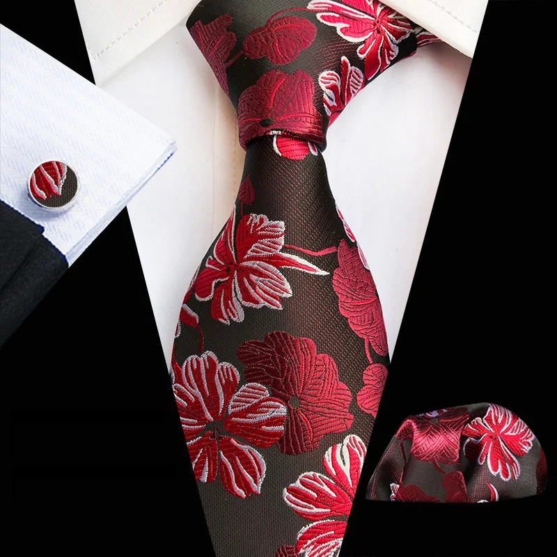 HUISHI 8cm Men\'s NeckTie Set Handmade Floral Neckties Cufflinks Handkerchief Luxury Bussiness Wedding Suit Accessories Gifts