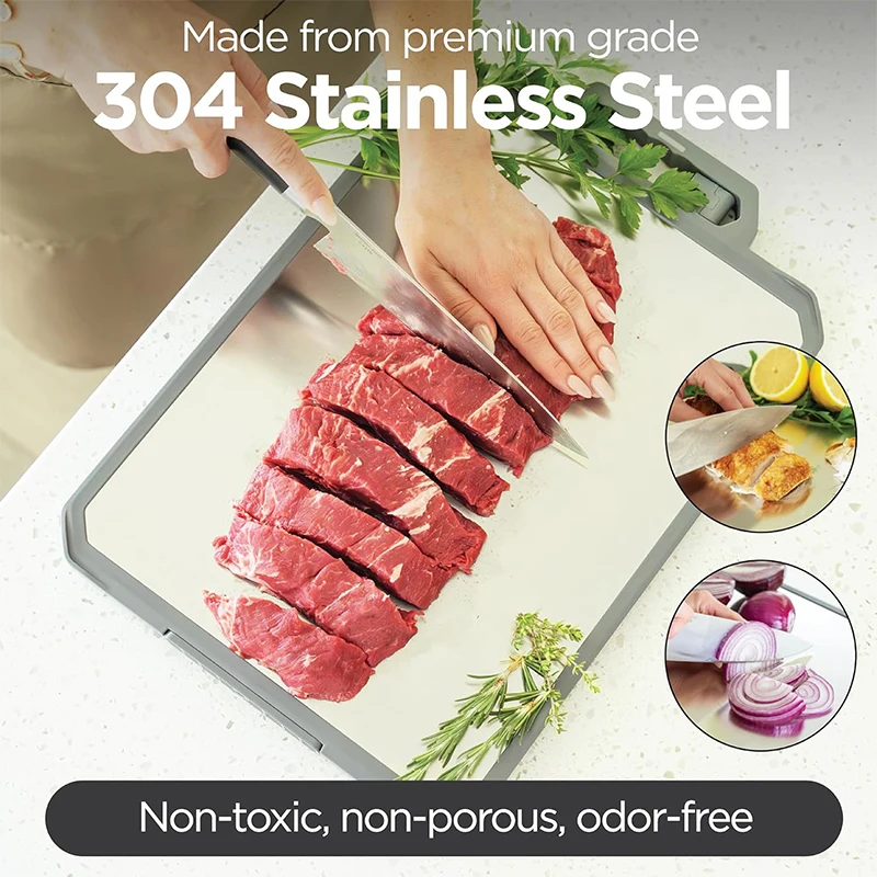 LMETJMA Large Stainless Steel Chopping Board Non Toxic Double-Sided Metal Cutting Board with Ceramic Sharpener For Kitchen JT506