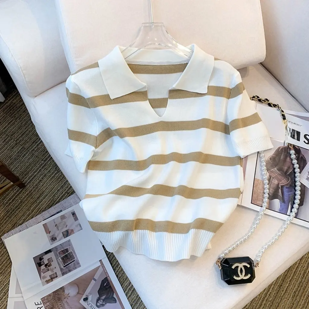 

Women's Ice Silk Knitted T-shirt V-neck Short Sleeve Striped Design Summer Autumn Top
