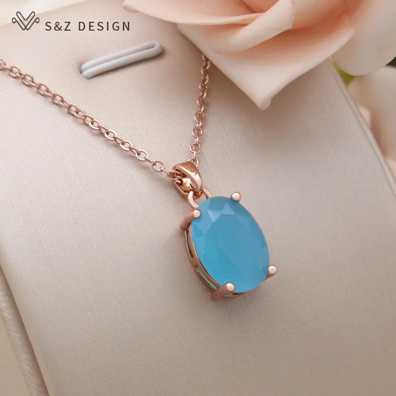 S&Z DESIGN New Fashion Oval Egg Shape Crystal 585 Rose Gold Color Pendant Necklace For Women Wedding Romantic Jewelry Gift