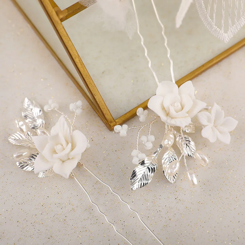 Floralbride Alloy Leaf Ceramic Flower Rhinestones Crystal Pearls Bridal Hair Pins Wedding Hair Sticker Women Hair Accessories