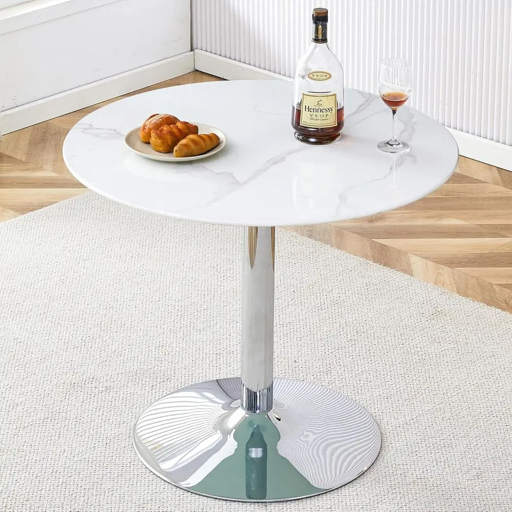 

Round Glass Dining Table, 35 Round Cocktail Table with Tempered Glass Table Top, Sturdy Silver Chrome Pole Support, White Small