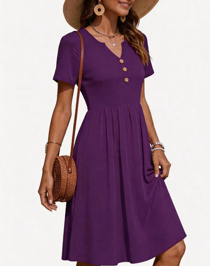 Plus-Size Damen Elastisches Midikleid mit V-Ausschnitt, Knopfverzierung, Kurzen Ärmeln, Lässiges A-Linien-Kleid mit Taschen für Damen – Detail 9