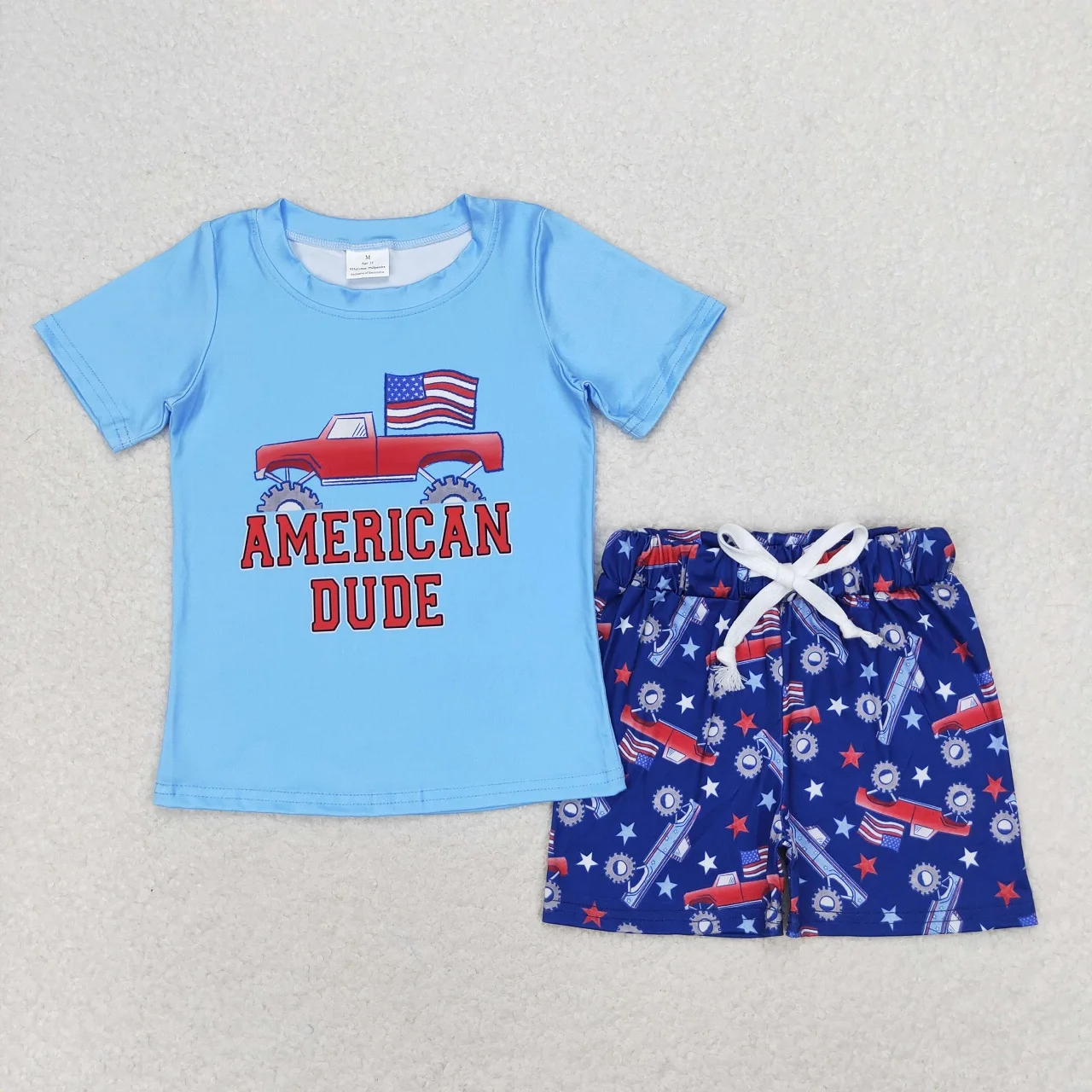 

Wholesale Baby Boy July 4th Outfit Toddler Blue Short Sleeves Shirts Kids Summer Set Children Trucks Flags Shorts Clothing