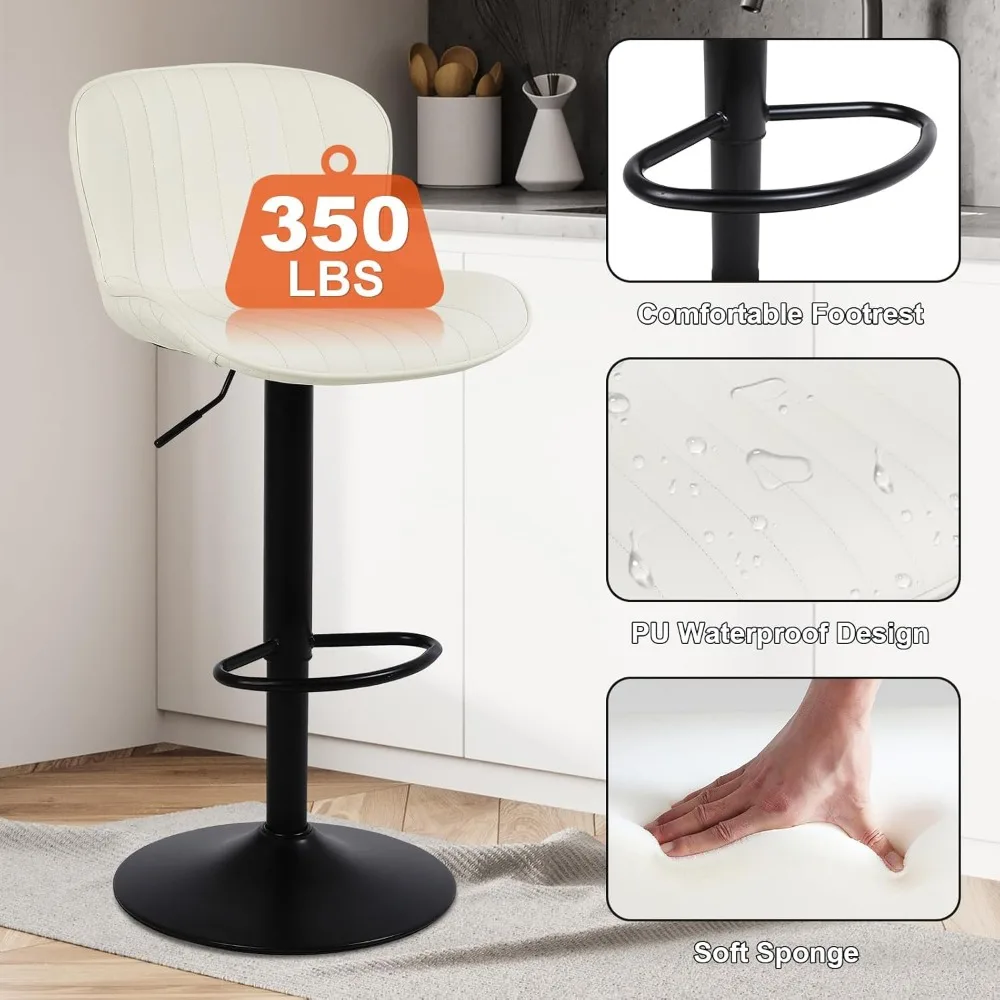 Bar Stools Set of 2, Leather Counter Height Barstools with Back, 17.72" Large Base, Height Adjustable, Swivel, Bar Stools