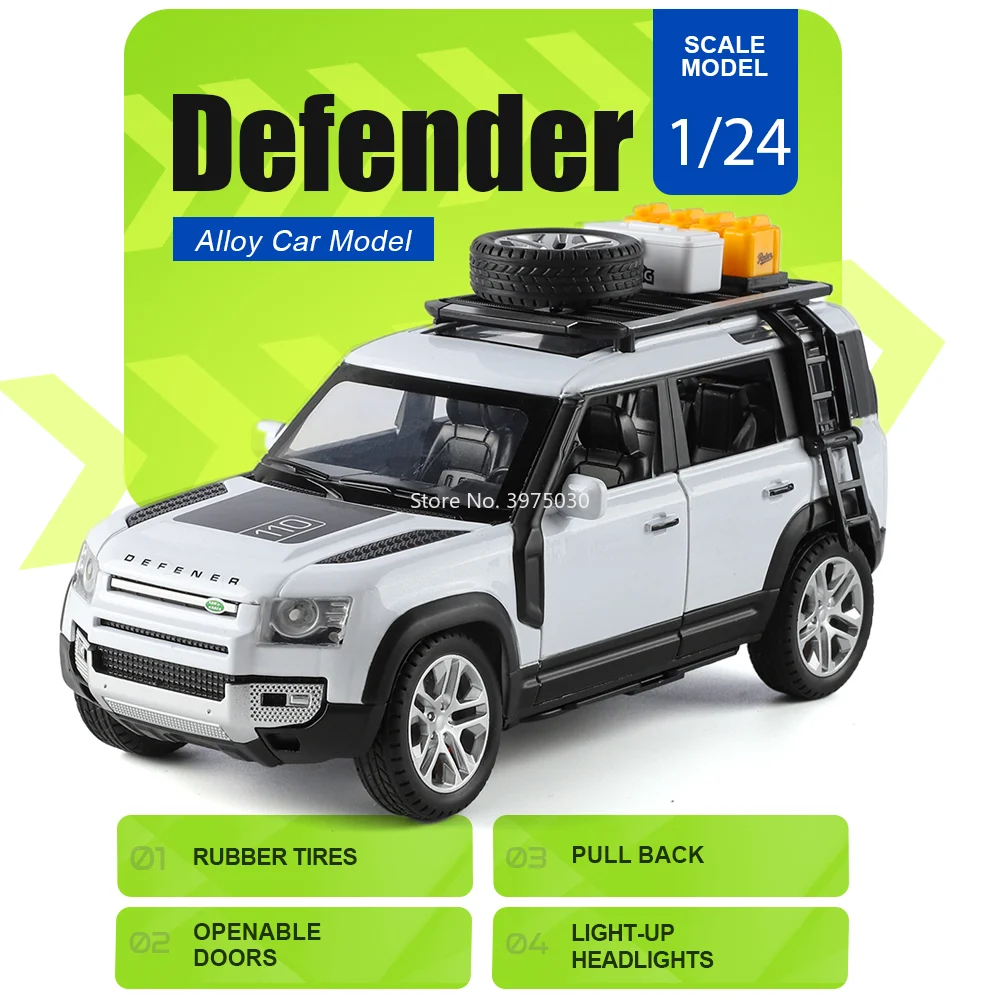 

1:24 Defender U8 Off-road Vehicle Diecast Miniature Alloy Model Car Toy Sound Light Pull Back Doors Opened Vehices Gift for Boys