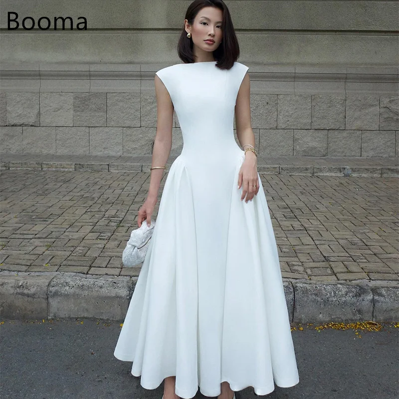 

Booma Classic Satin O-Neck A-Line Pleat White Wedding Dresses Long Sleeveless Satin Elegant Brides Gown Custom Made 2025