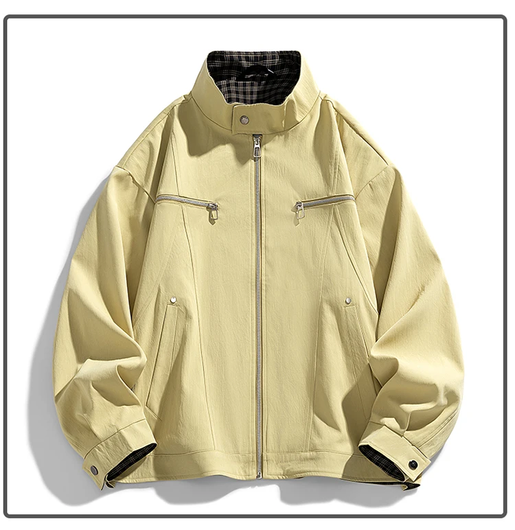 Herren Stehkragen-Freizeitjacke – Einfarbige, locker sitzende Windjacke mit Reißverschluss und Karofutter, Streetwear-Oberbekleidung – Detail 11