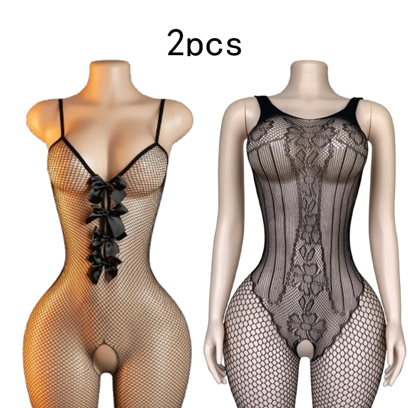 2-Piece Set – Sexy Lingerie: Cut-out Bow Fishnet Bodysuit, Bold Erotic Outfit, Exotic & Alluring Lingerie