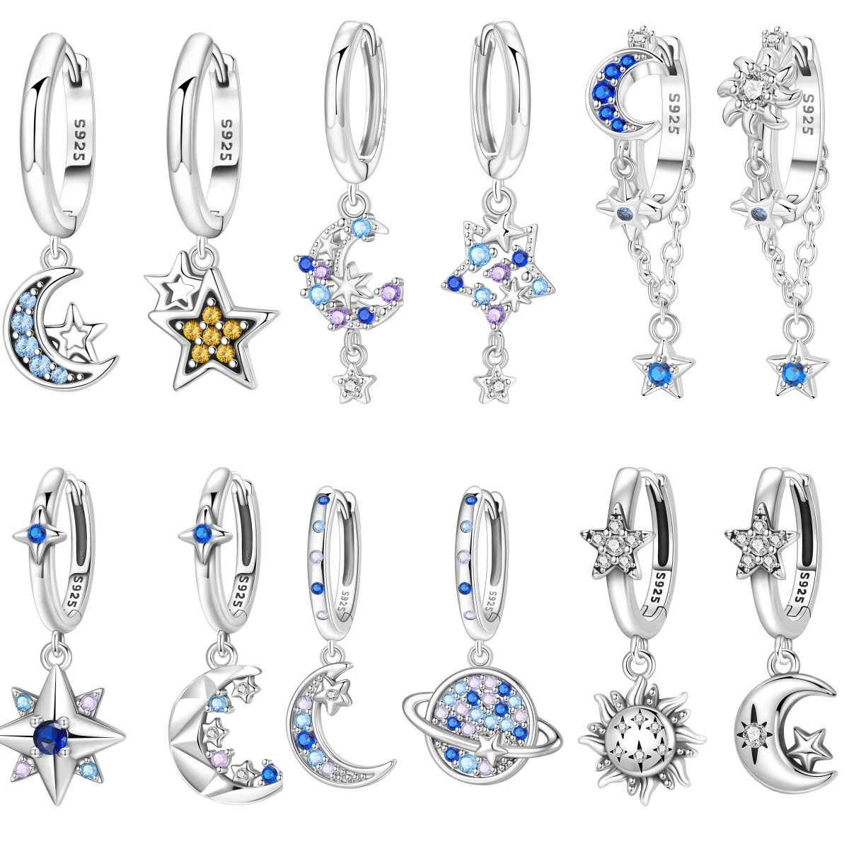 CYCUFF 925 Sterling Silber Asymmetrisches Design Stern-Mond-Ohrhänger Damen-Ohrringe Charm Mode Vielseitiger Partyschmuck Geschenke