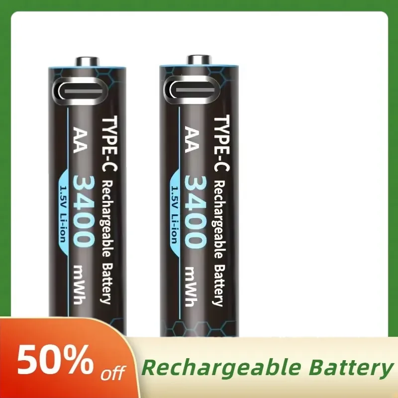 10Pcs High Capacity 3400mWh 1.5V Constant Voltage AA Type-C USB Lithium-Ion Rechargeable Batteries for Portable Projector