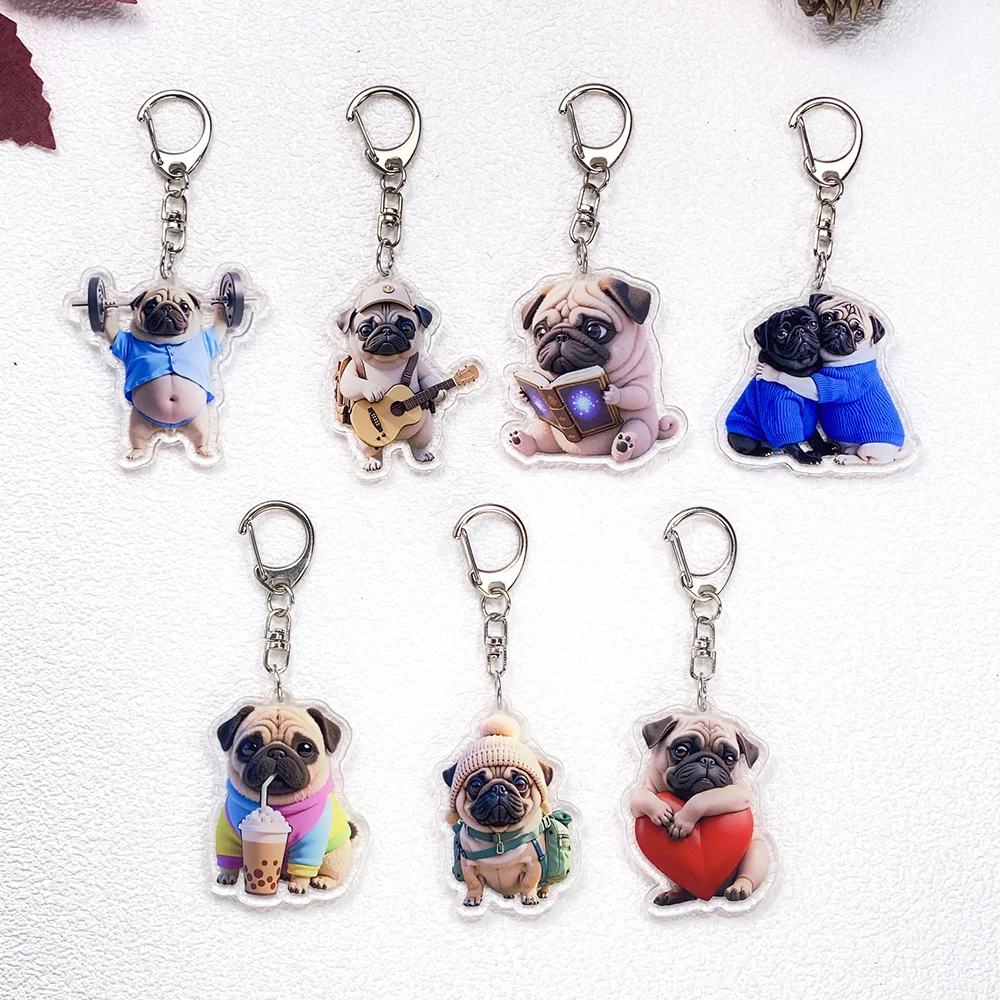 Lote de 7 Llaveros de Acrílico con Diseño de Perro Pug, Accesorios para Llaves de Coche, Colgantes Lindos para Bolsos, Divertidos Soportes para Llaves, Decoración para Mochilas, Regalos