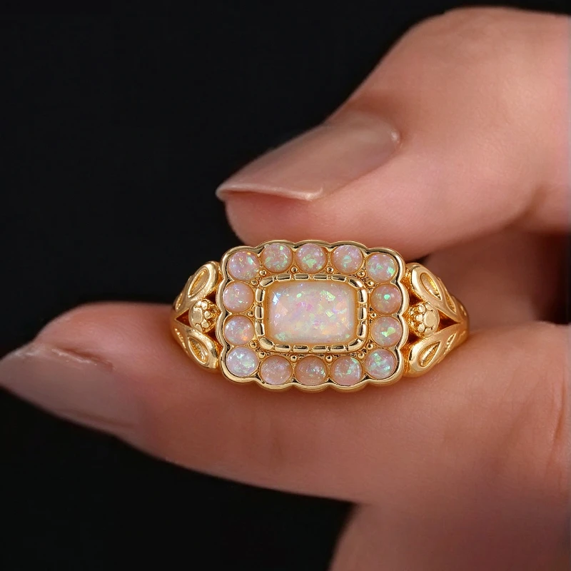 Women's Aesthetic Design Elegant Synthetic Opal Golden Plated Ring Luxury Temperament Wedding Anniversary Fine Jewelry Accessory