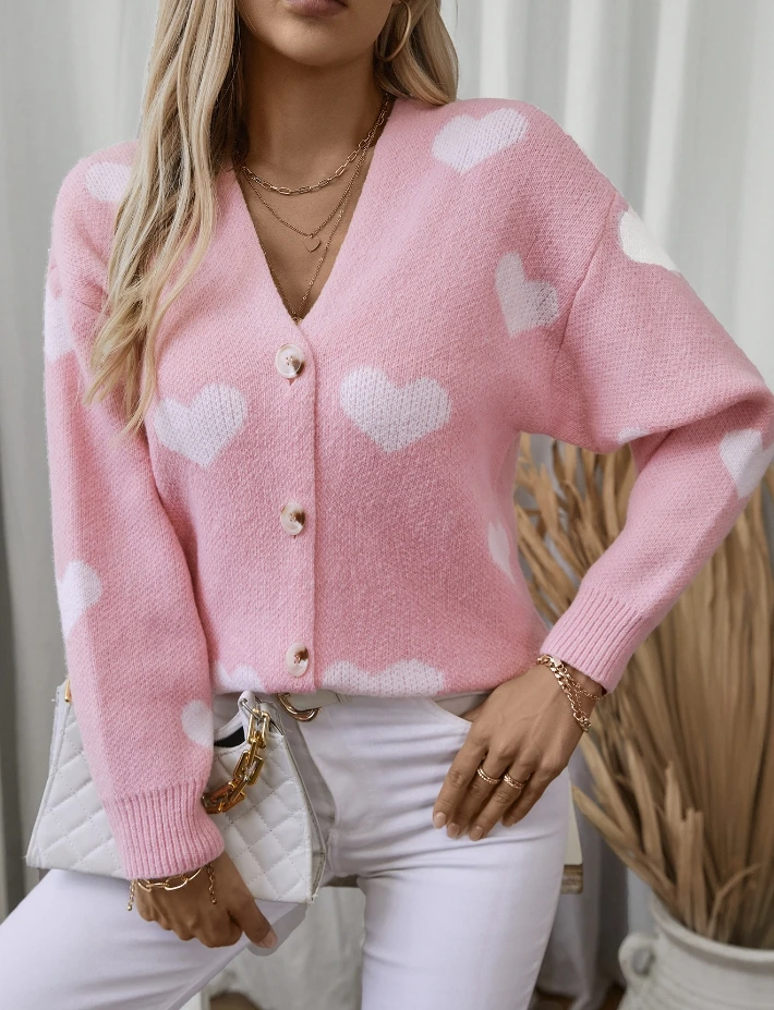 

Cardigan for Women 2024 Autumn Fashion Love Print Single Breasted Loose Casual V-Neck Long Sleeved Sweater Cardigan