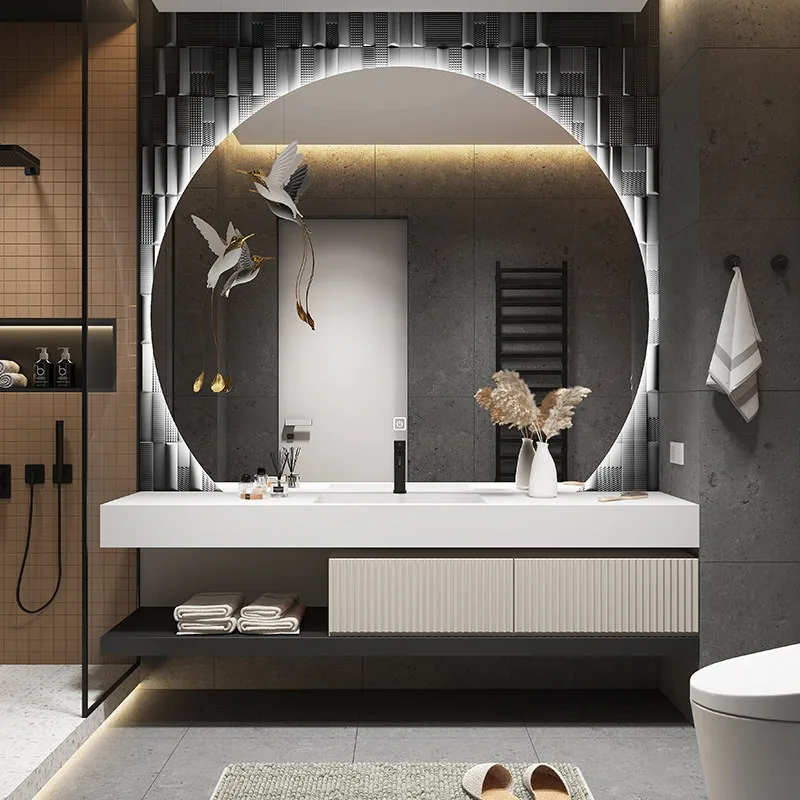 

Тумба для ванной комнаты с интегрированной раковиной из каменной плиты, тумба для ванной из массива дерева