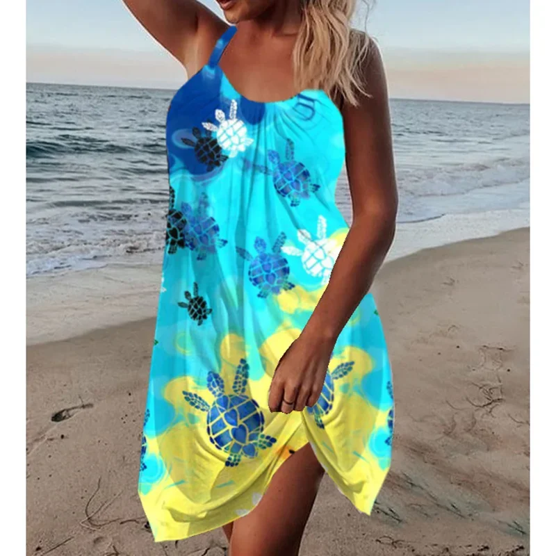 New Fashion Casual Spring 2025 Women's Turtle Printed Backless Sling Beach Dress Ladies Sleveeless Tank Dress Party Prom Dresses