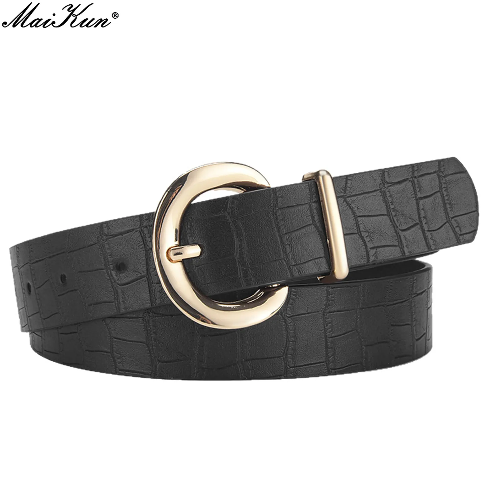 

Maikun Vintage Large Gold Buckle Fashionable Women's Leather Belt with Crocodile Pattern Versatile Trendy Casual Jeans Waistband