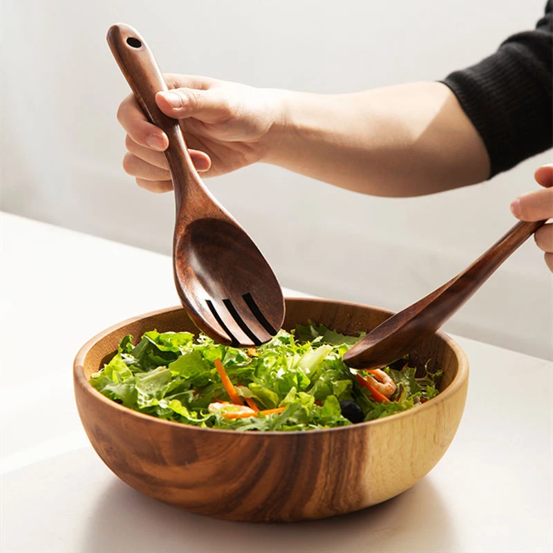2-teiliges Set Holz-Salatbesteck: Langlebige Akazienholz-Salatzangen und -Löffel mit langem Griff für Salat und Abendessen