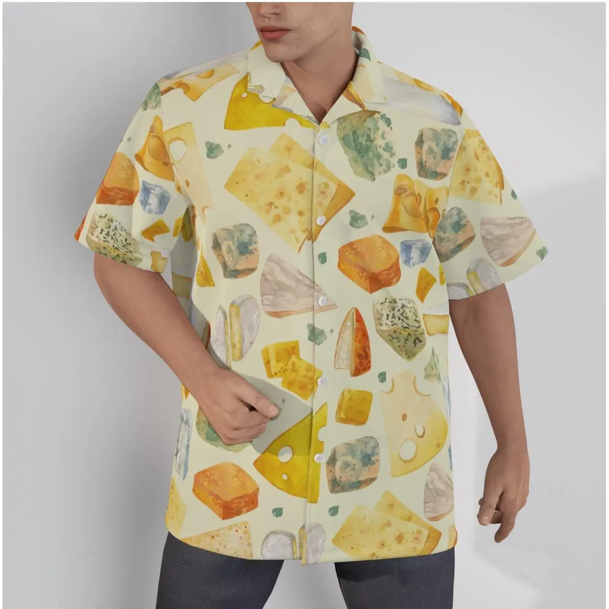 Men's Hawaiian Shirt Cheese Print Patchwork Beach Short Sleeve Summer Casual Button Up Yellow Tops 3D Shirts