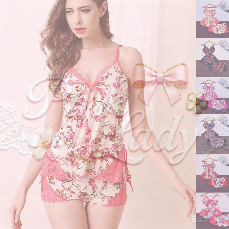 

Sexy Lace Print Patchwork Pajama Set Women's Bow V-neck Shorts+Camisole Sets