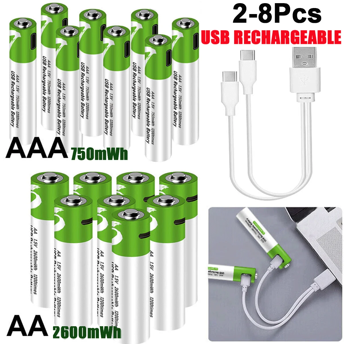 AA 2600mWh & AAA 750mWh 1.5V AA AAA USB Rechargeable Li-ion Batteries Type-C Cable Charging for Mouse Clock Shaver Hermometer