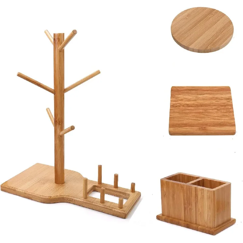 

Home minimalist bamboo multifunctional shelf cutlery storage rack detachable, with 6 coffee cup storage hooks