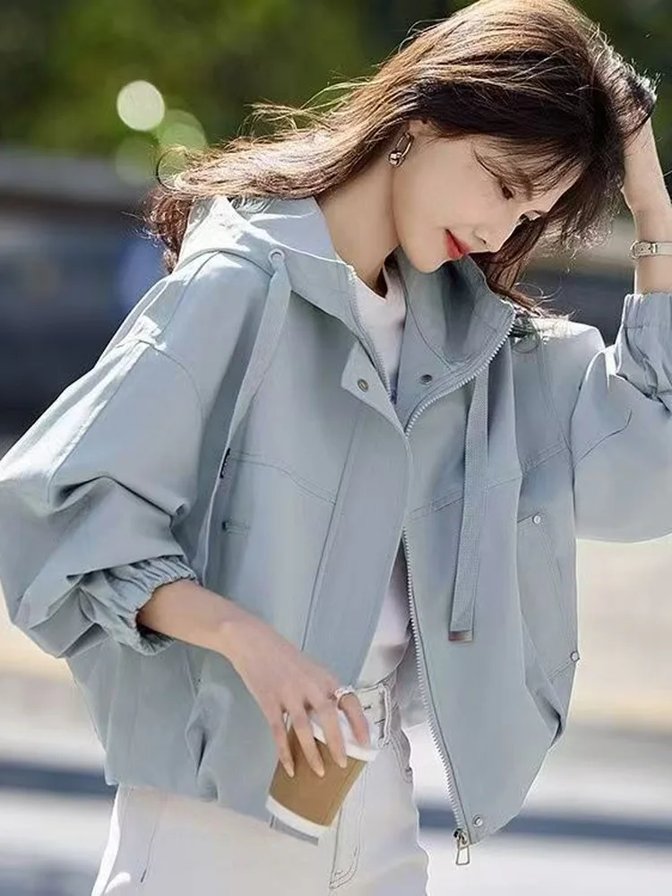 Casual Style Short Hooded Jacket Women Loose Small Size Jacket Top Short Outerwear Polyester Fabric Long Sleeve Zipper Closure