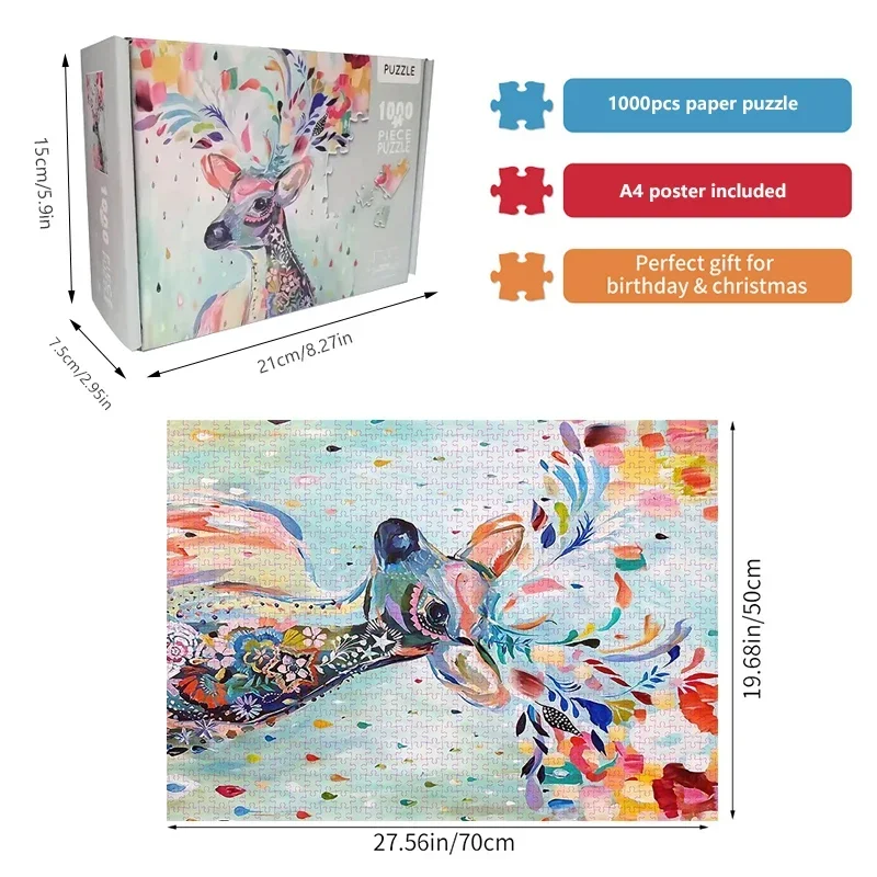 White Cardboard Jigsaw Puzzle 1000Pcs Color Elk Jigsaw Puzzle, 70×50cm Beautiful Landscape Cardboard Puzzle, Challenging Game