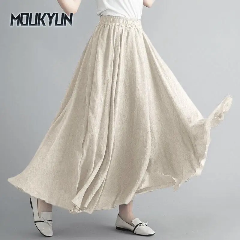 

Лето-Осенняя женская юбка литературного размера, хлопково-льняная полуюбка большого размера, льняная юбка трапециевидной формы с эластичной резинкой на талии, длинная однотонная юбка