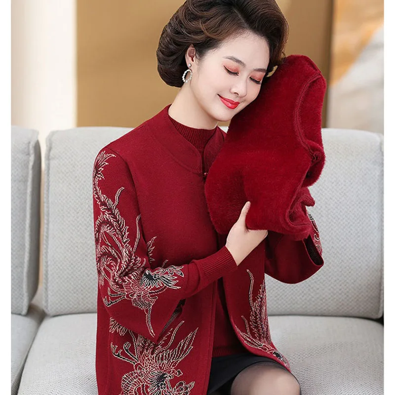 High End Middle-Aged Mother Knitted Cardigan Sweater 2 Piece Sets Spring Fall Thick Stand Collar Embroidered Cardigans Wool Coat