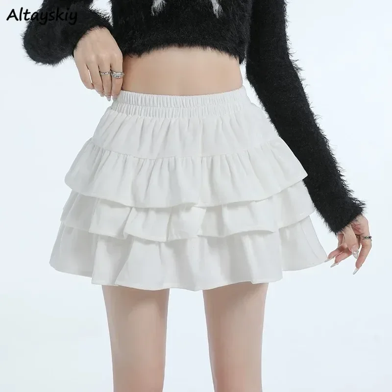 

A-line Ruffles Women Skirts All-match Age-reducing Mini Faldas Vintage Aesthetic Temper Sweet Tender High Waist Fashion Autumn