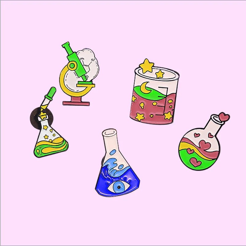 Chemical themed enamel pins Chemical experiment glassware flask measuring cup microscope brooch Metal Badge Jewelry Wholesale