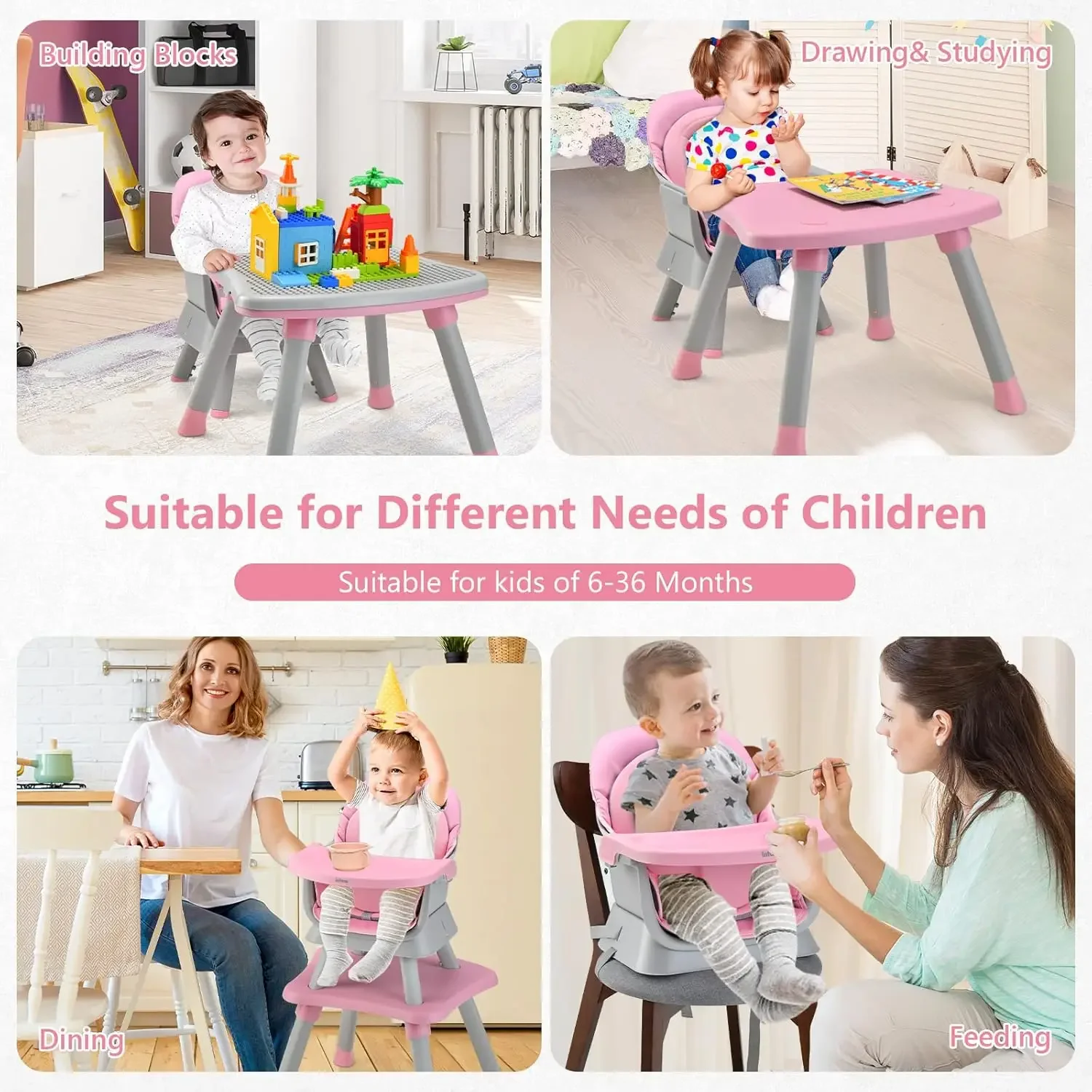 8 in 1 Baby High Chair, Convertible Highchair for Babies and Toddlers, Infant Dining Booster Seat, Building Block Table,