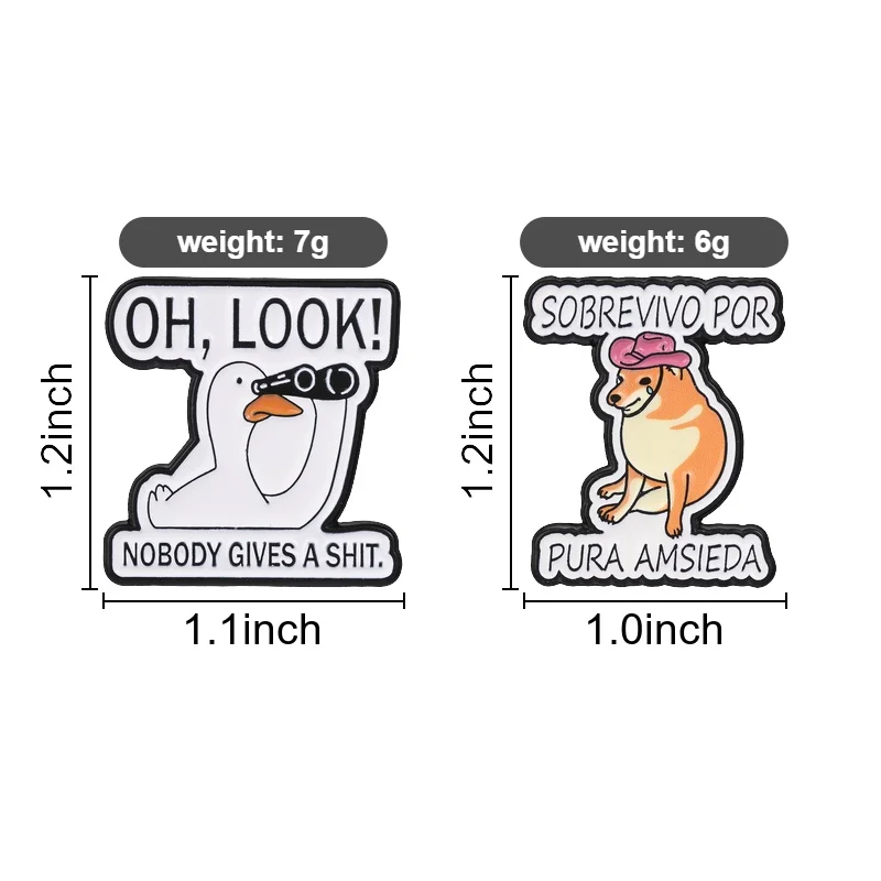 Cartoon Funny Shiba Inu and Goose Enamel Pin,Humorous English and Spanish Ridicule Quote Badge,Fashion Accessory,Gift for Friend