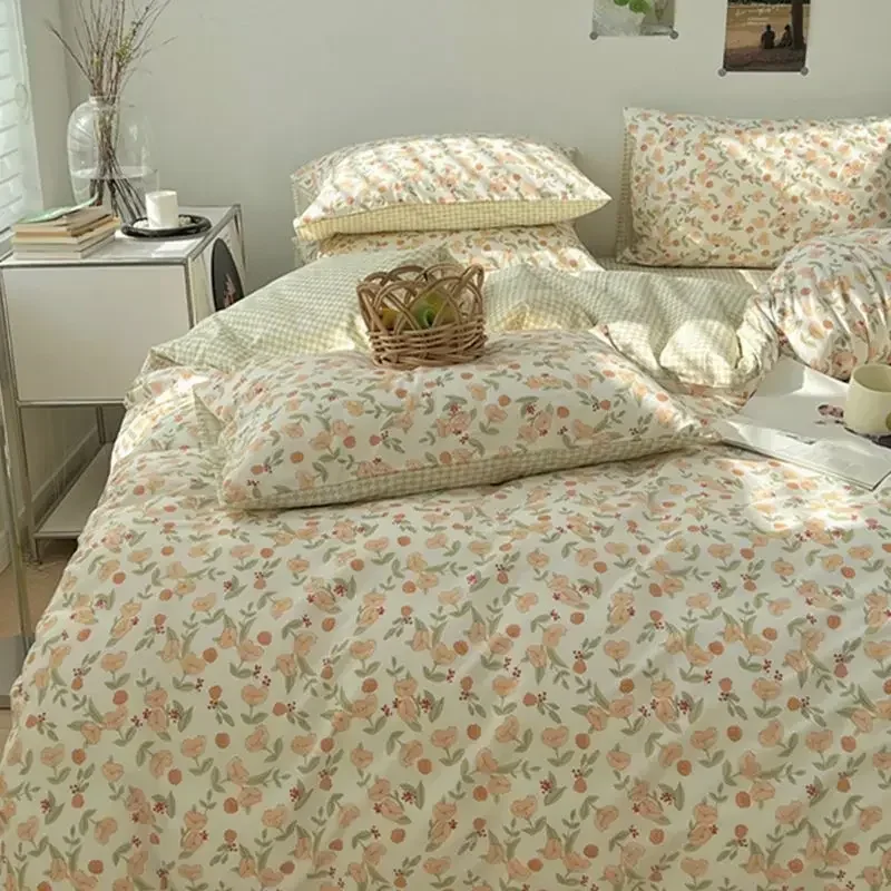 Pastoral Style Bedding Set Soft Duvet Cover Floral Bedclothes Pillowcases Flat Sheets Single Double Queen Size Girls Bedspread